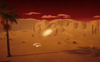 Screenshot of the AlUla map in Glhi Land: desert, rocks and ancient columns under a red sky, with a palm tree in the foreground