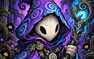 Key art for Grimroot Survivors: a masked wizard in a purple cloak holding a glowing staff in a dark forest, watched by yellow eyes